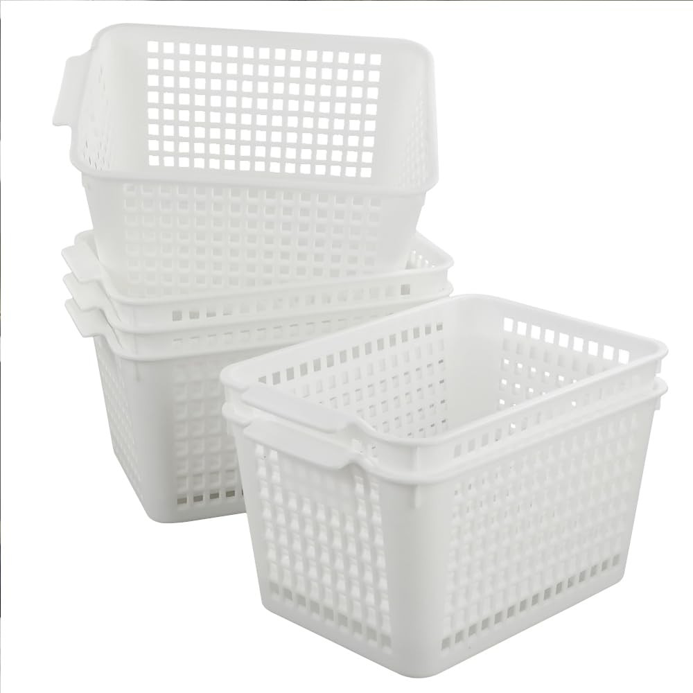 6-Pack White Plastic Storage Basket, Office Storage Baskets