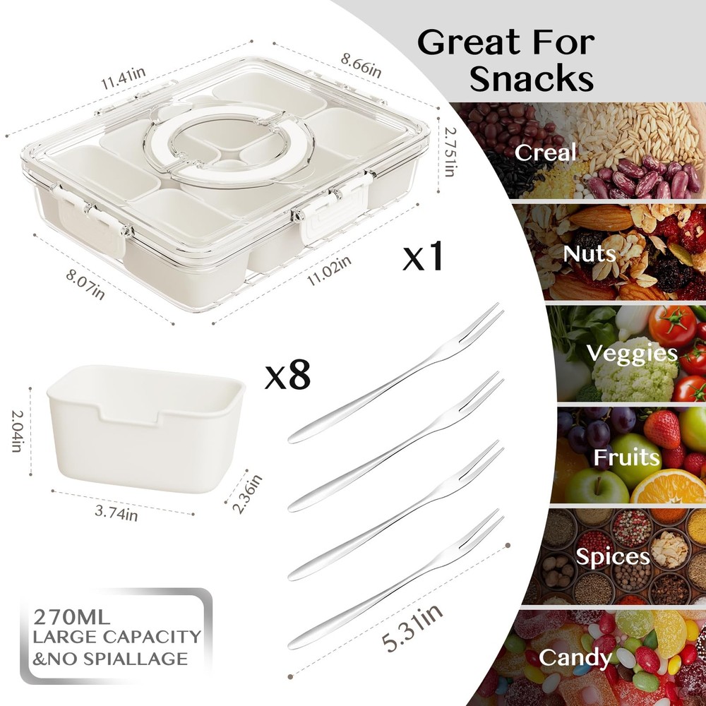Snackle Box Container,Portable Snack Box 8 Compartment Divided Serving Tray w...