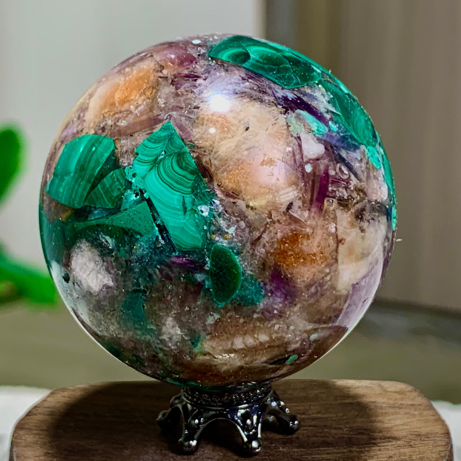 116G Newly discovered rare malachite purple mica symbiotic sphere restoration