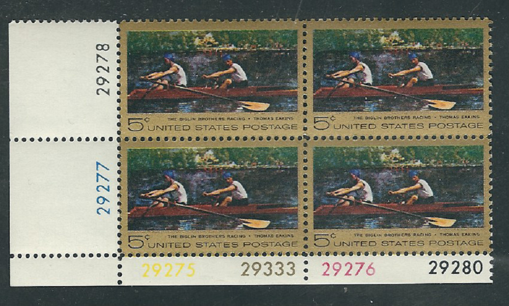 Scott #1335.... 5 Cent...Eakins/Racing....2 Plate Blocks