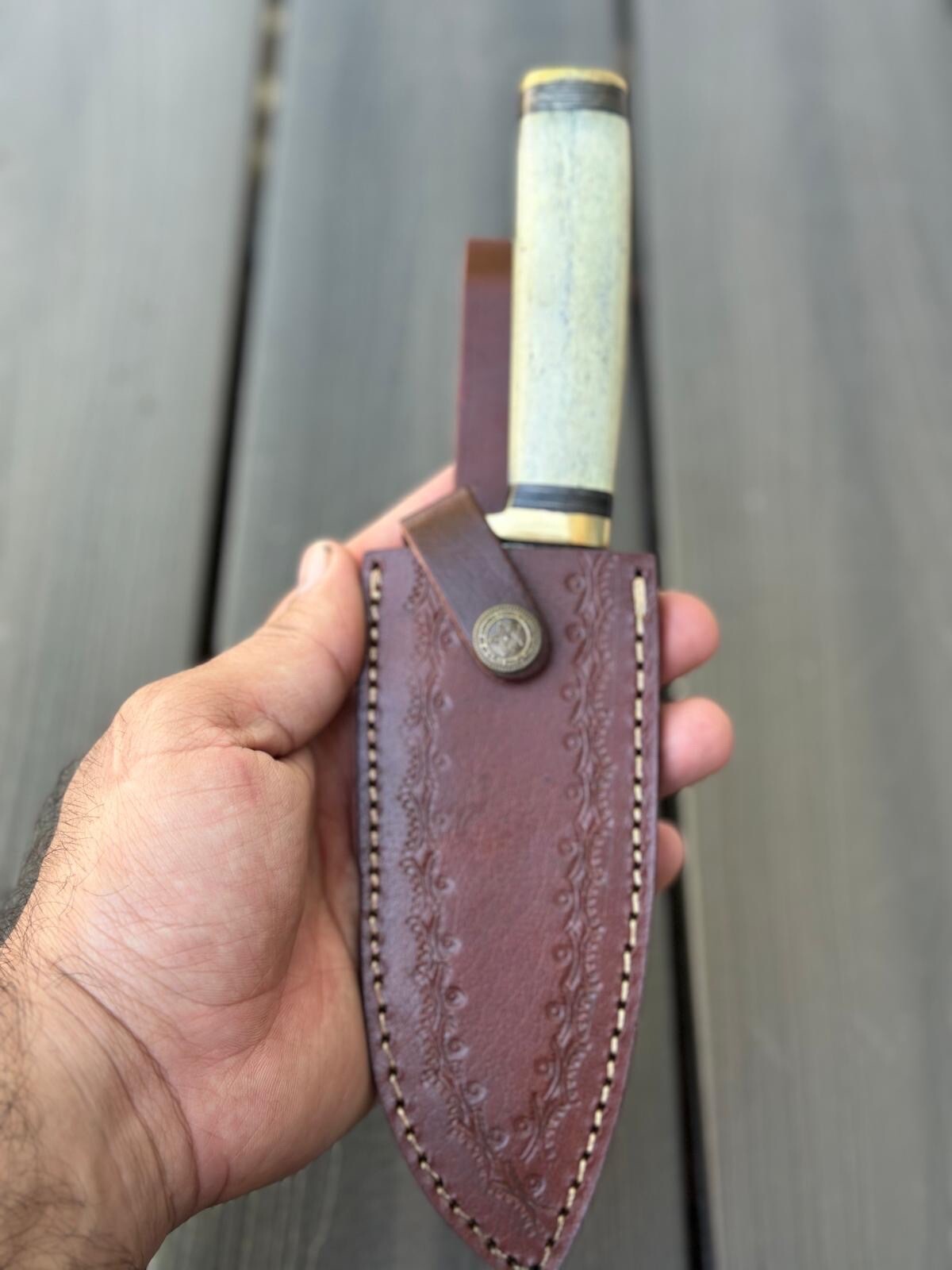 10” Bowie Knife Forged Damascus Fixed Blade Hunting Tactical Camel Bone Handle