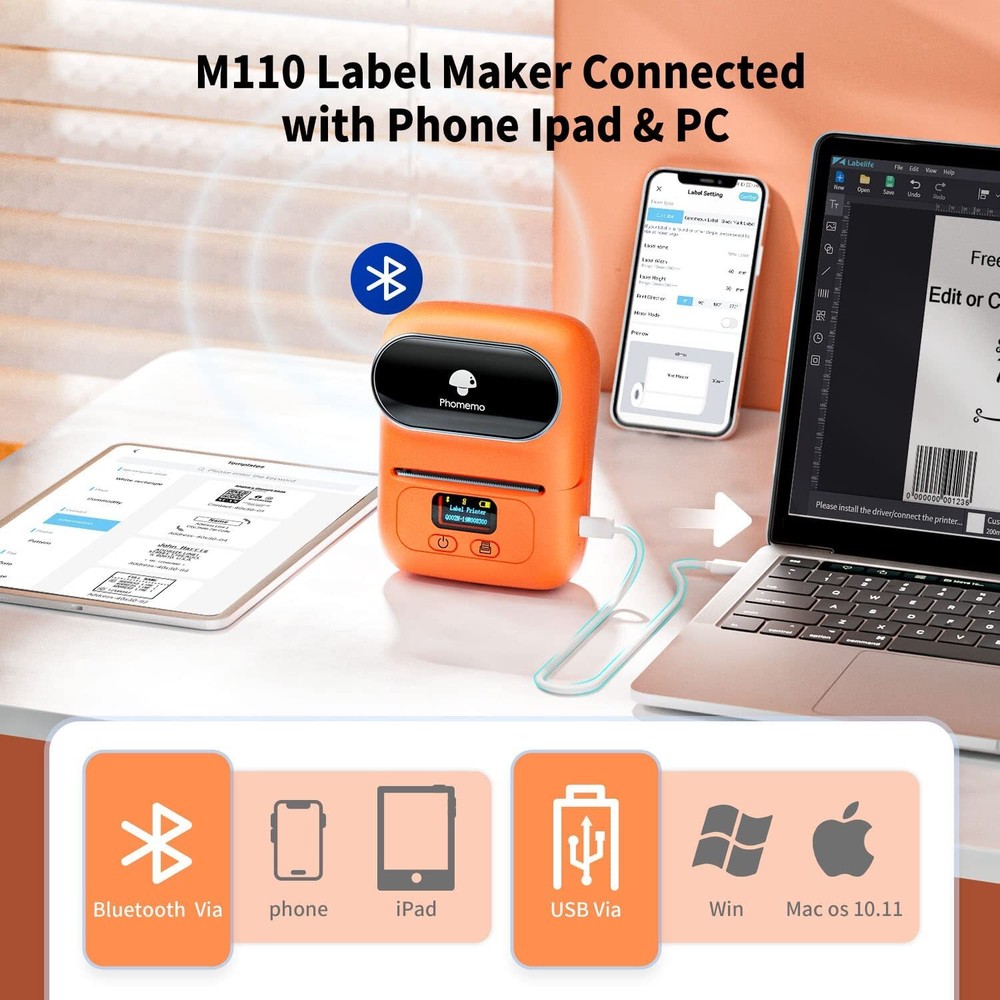 Phomemo M110 Portable Thermal Label Printer Mobile Barcode Printer+3 Rolls Paper
