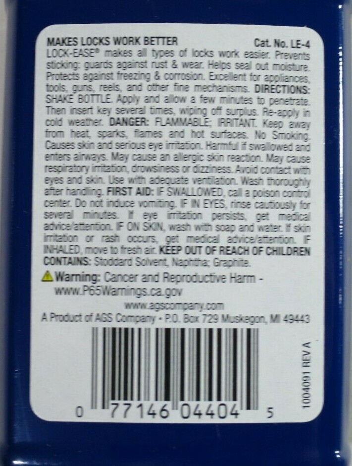 AGS Lock-Ease Graphited Lock Fluid 3.4oz. Makes Locks Work Better