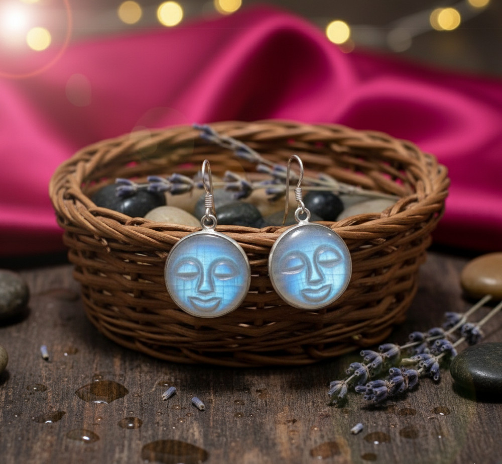 Solid 925 Sterling Silver Handcarved Rainbow Moonstone Moonface Dangle Earrings