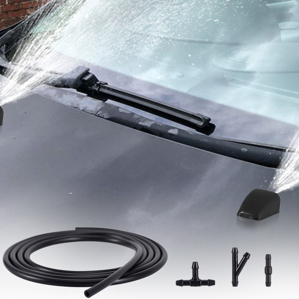 2Pcs Car Windshield Wiper Washer Water Spray Jet Nozzle + 9.8Ft Hose + Connector