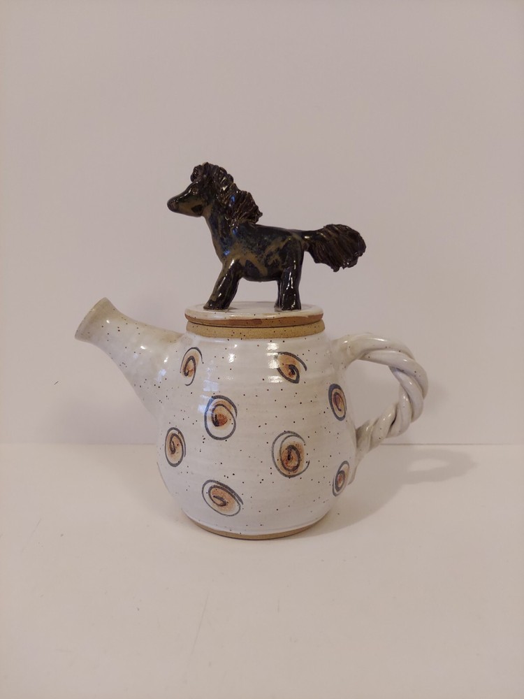 Horse Figure Lid Handmade Ceramic Teapot Signed