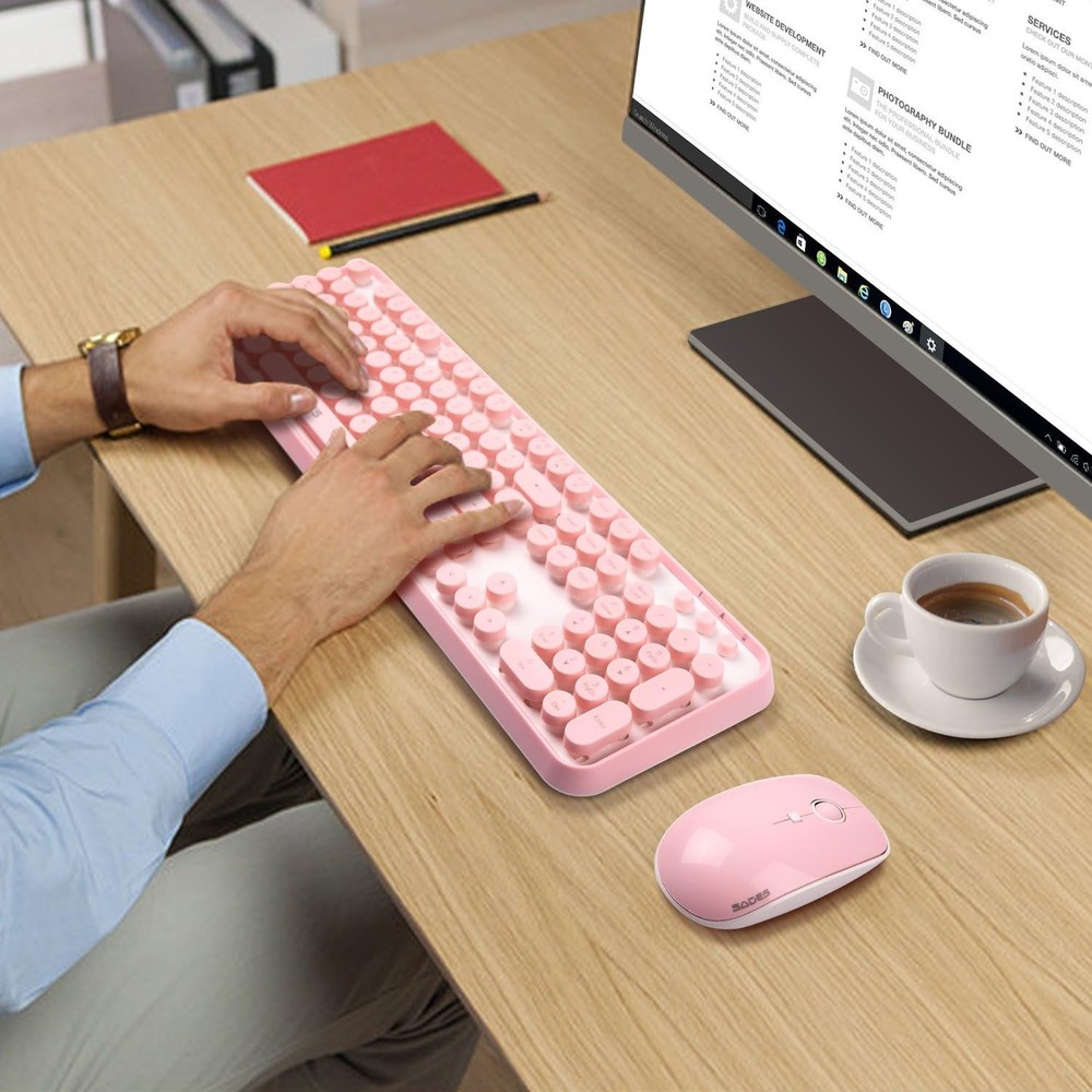 Pink Wireless Keyboard and Mouse Combo, Retro Typewriter Style Cute Bubble Ke...