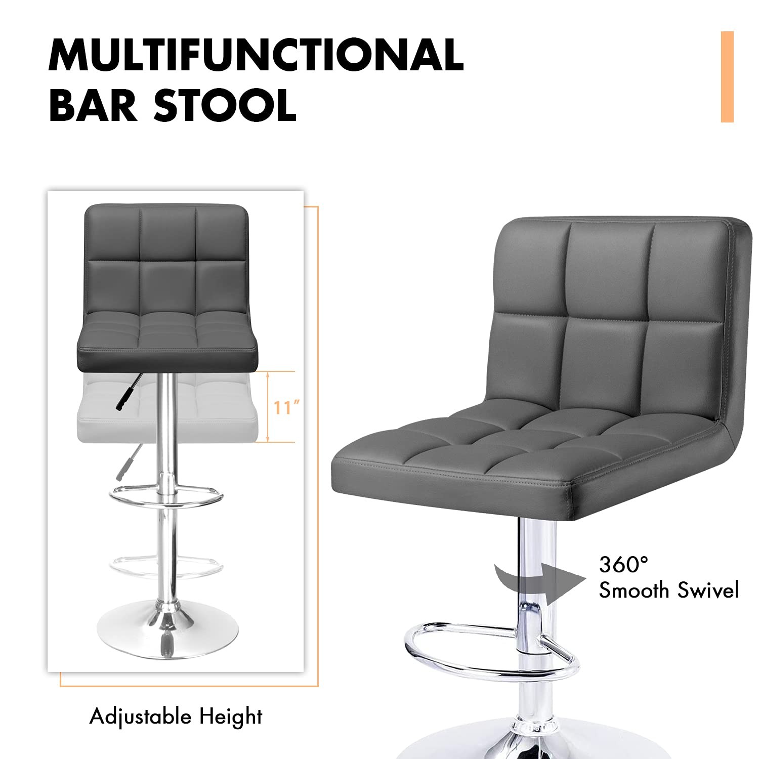Modern PU Leather Adjustable Swivel Bar Stools with Back Footrest Set of 2 Grey