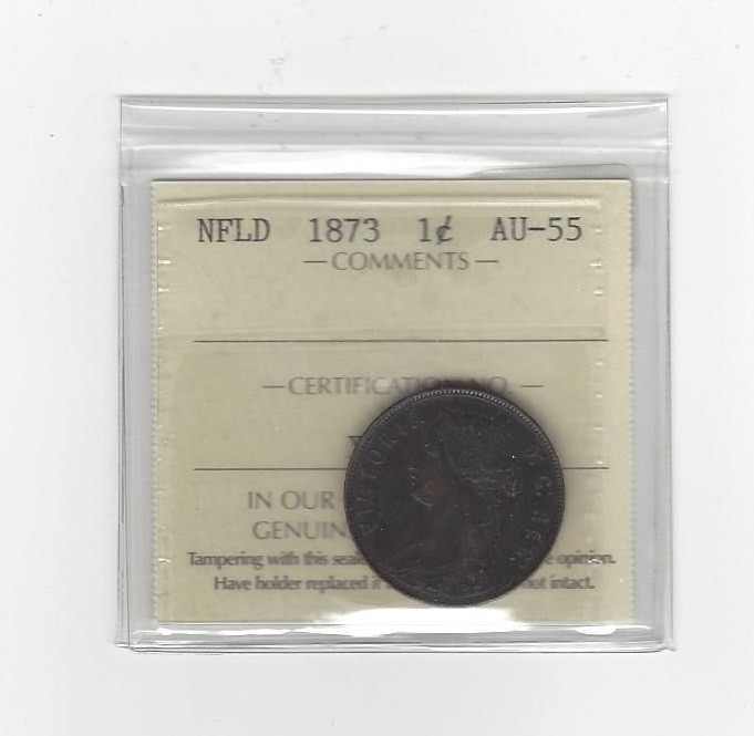 1873 ICCS Graded Newfoundland, Large One Cent, **AU-55**