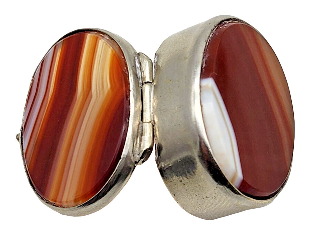 ANTIQUE Sterling Silver / Agate Oval Pill Box