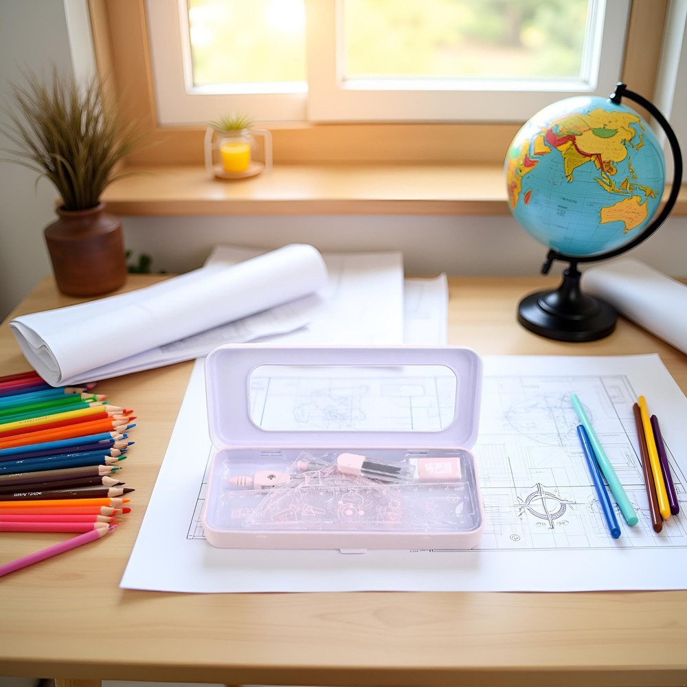 7Pcs Pink Compass Protractor Set with Portable Box Geometry Drafting Tools Se...