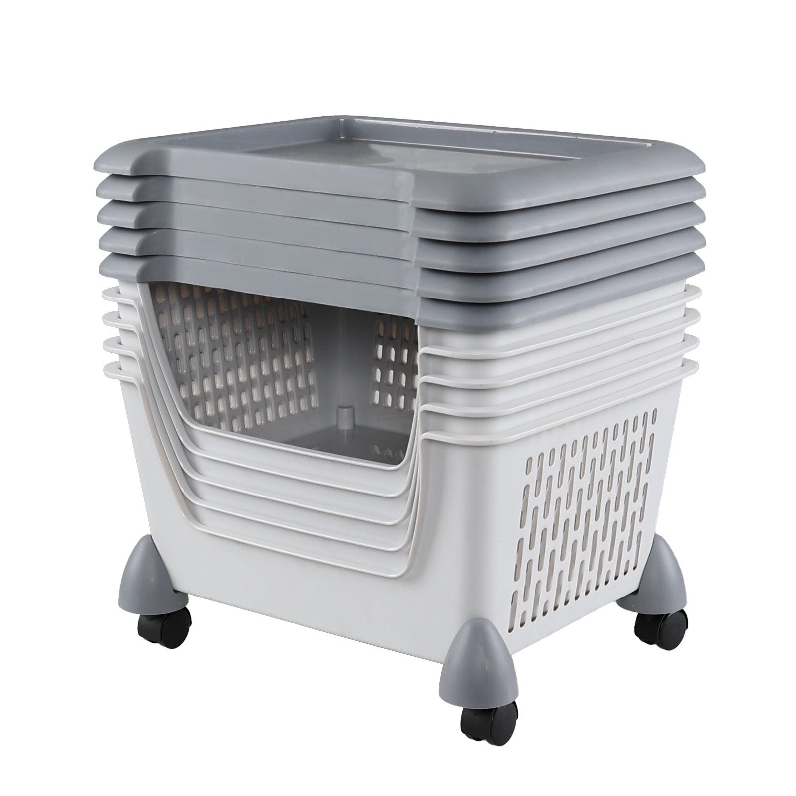 Idotry 5pcs Plastic Stackable Storage Bins - Gray Large Storage Basket w/ Wheels