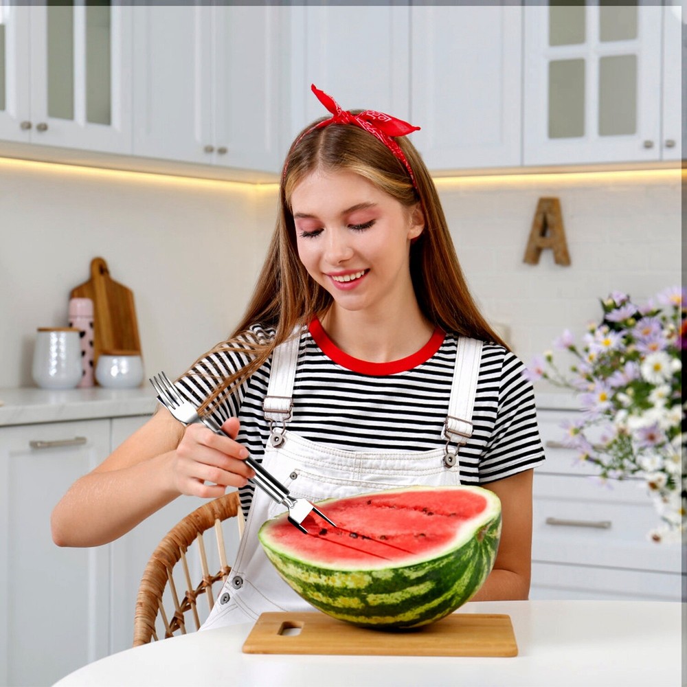 5Pc Stainless Watermelon Cutter Slicer Fork Kitchen Fruit Cutting Fork-Dual Head