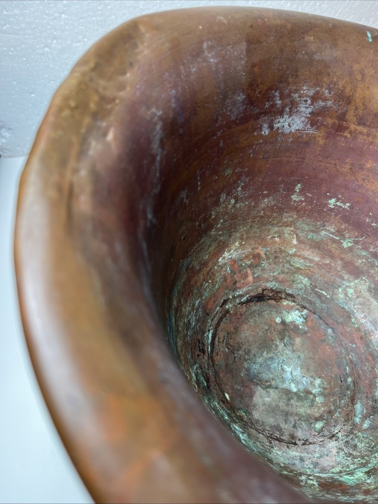 Primitive Copper Mixing Basin Rounded Base Rolled Rim Patina