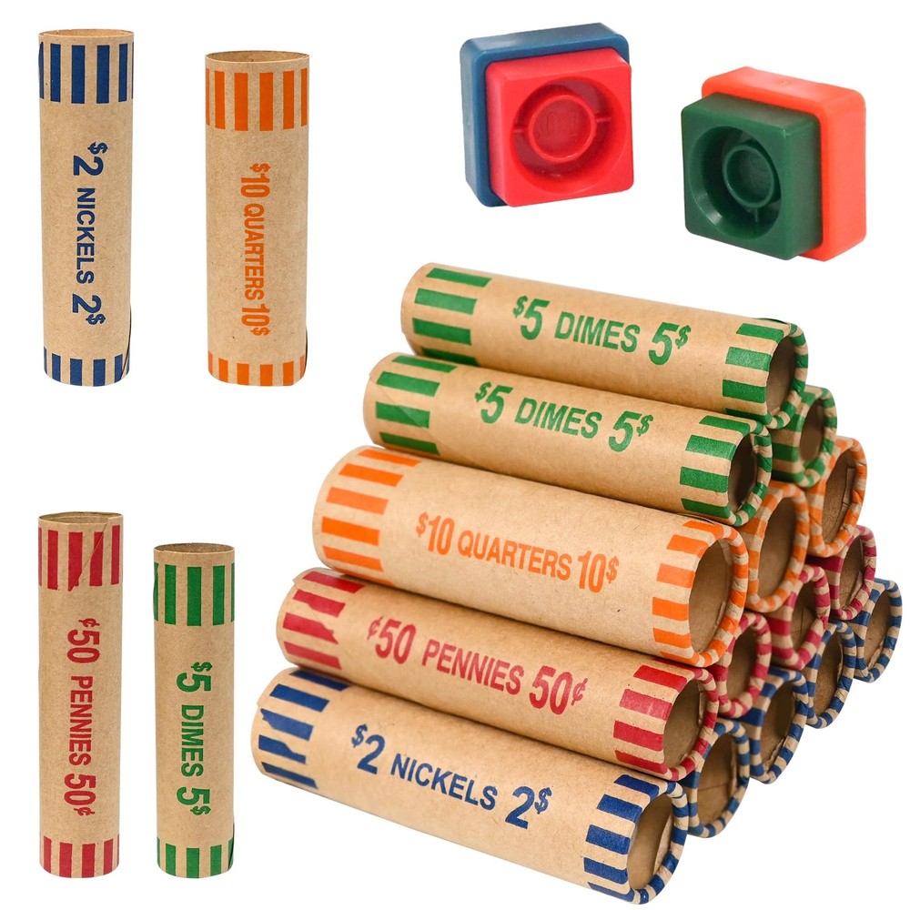 60 Assorted Coin Roll Wrappers Color Coded Crimping Tool Quarters Pennies Dime