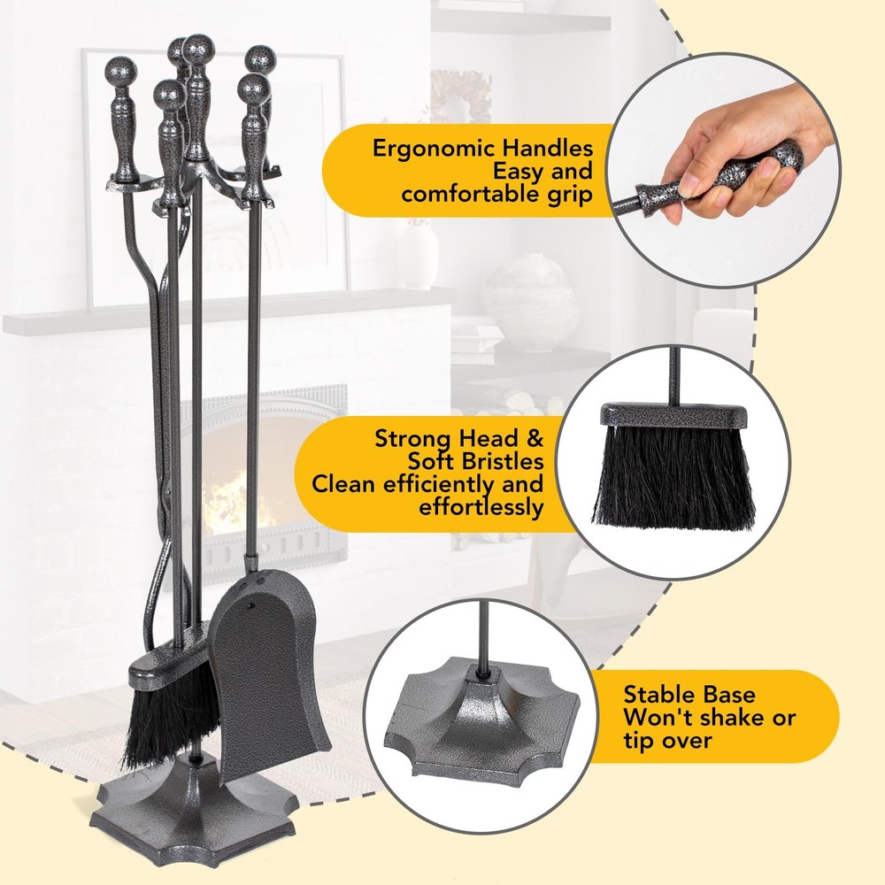 5 Pieces Fireplace Tools Set, Wrought Iron with Silver Pattern Fireplace Acce...