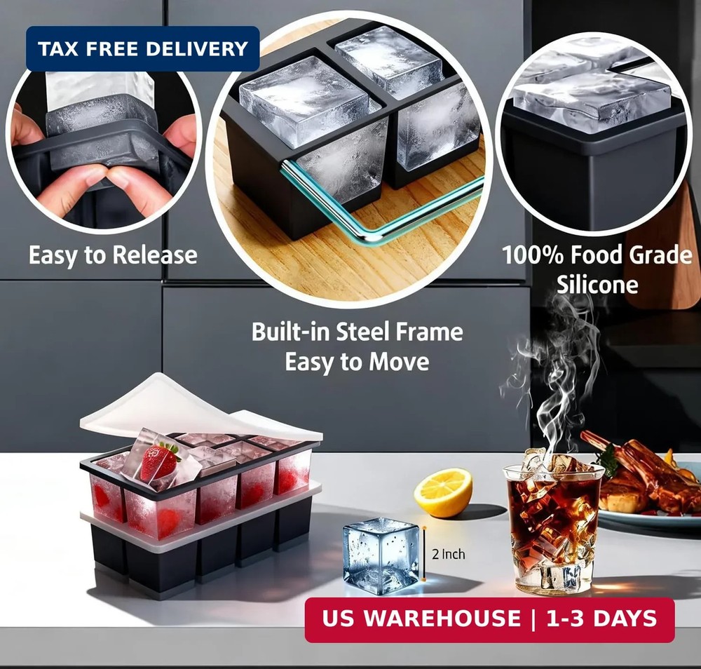 2-Pack Large Ice Cube Trays for Whiskey, Stackable & Easy-Release Silicone Squar