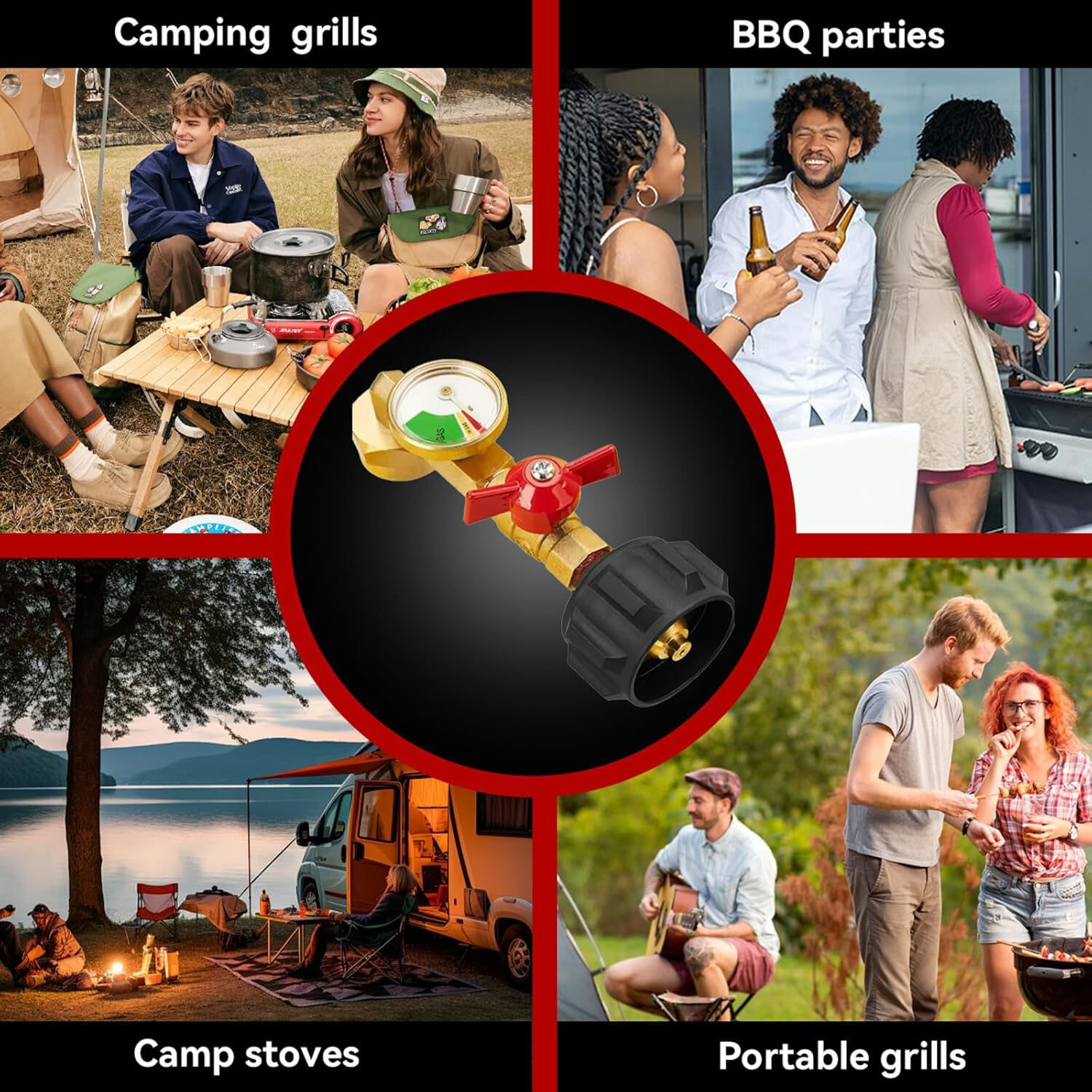 Propane Refill Adapter with Valve and Gauge Fill 1 Lb Bottle From 20 Lb Tank 90°