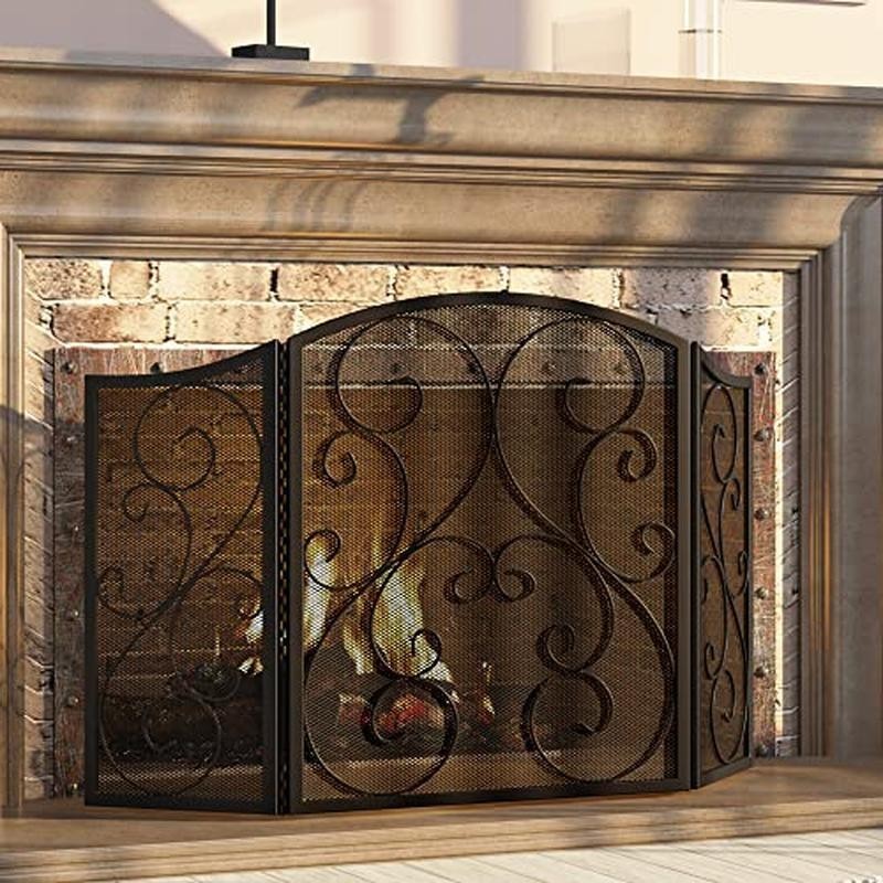 3 Panel Wrought Iron Fireplace Screen Spark Guard Foldable Easy Storage New