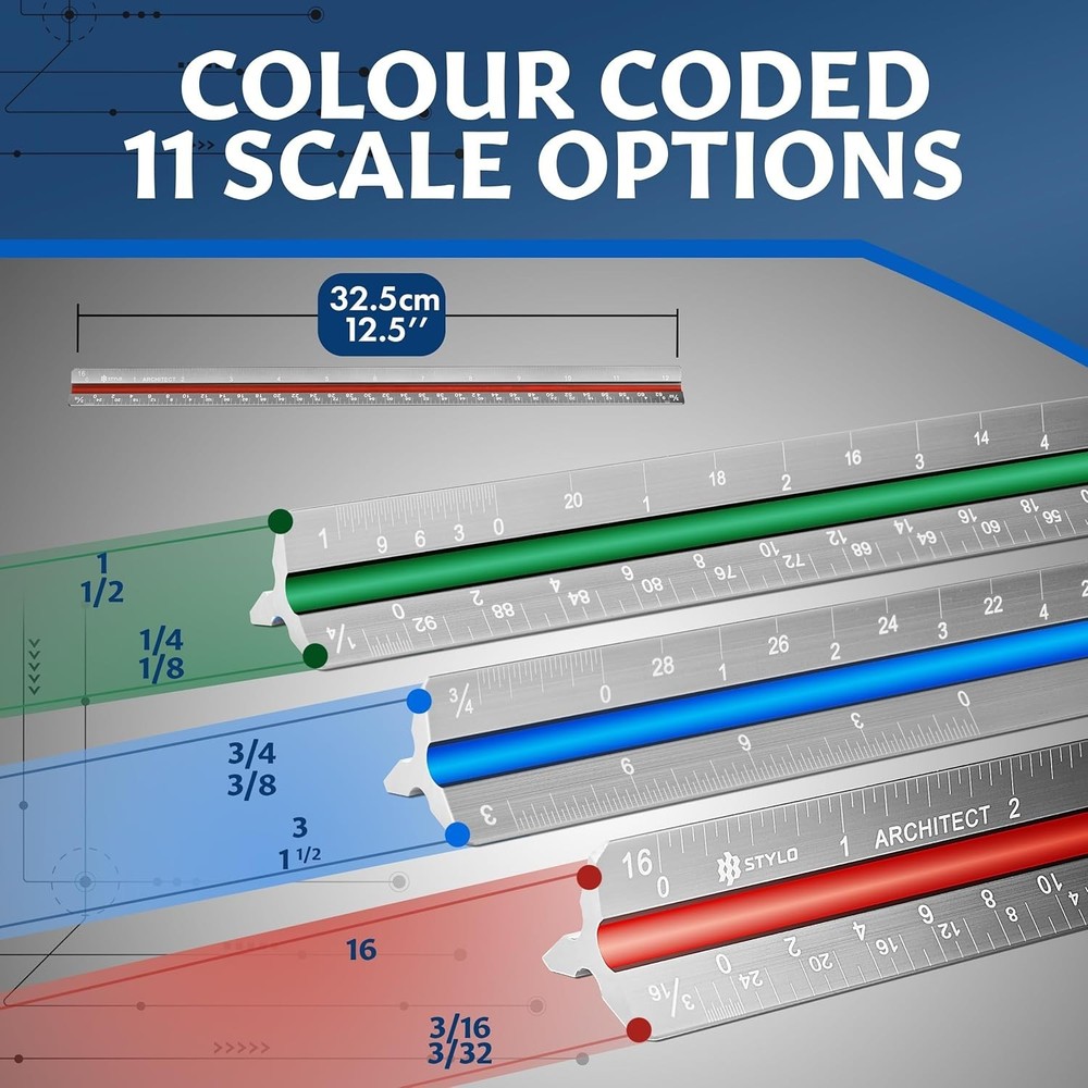 12" Aluminum Architect Scale Ruler Laser Etched Triangle Drafting Ruler, Colo...