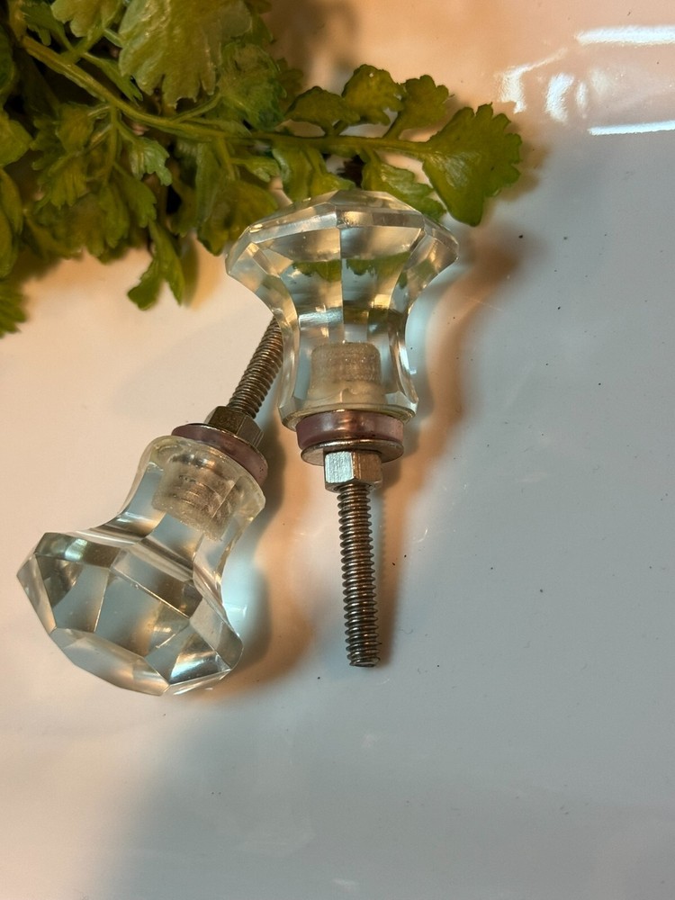 4; Glass Cabinet Knobs Clear Glass Drawer Pulls Depression Era Style w/Hardware