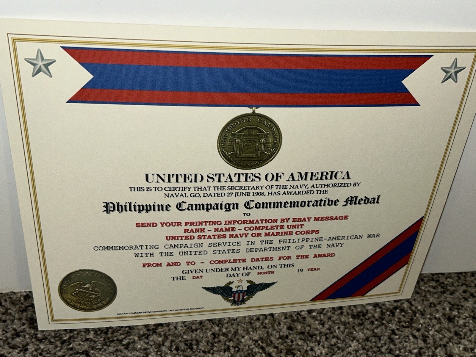 PHILIPPINE CAMPAIGN (NAVY) COMMEMORATIVE MEDAL CERTIFICATE ~ W/PRINTING TYPE-1
