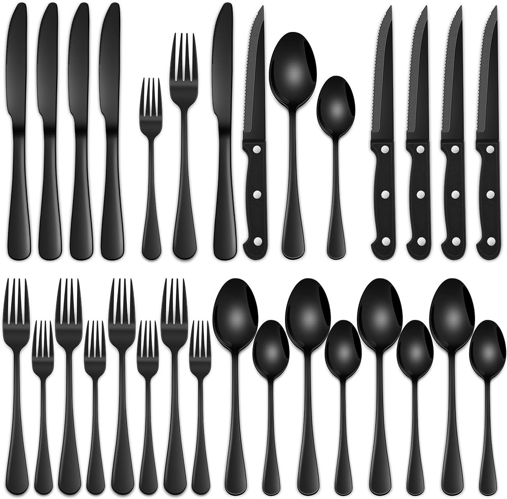 24-Piece Black Silverware Set with Steak Knives, Black Flatware Set for 4, Food-