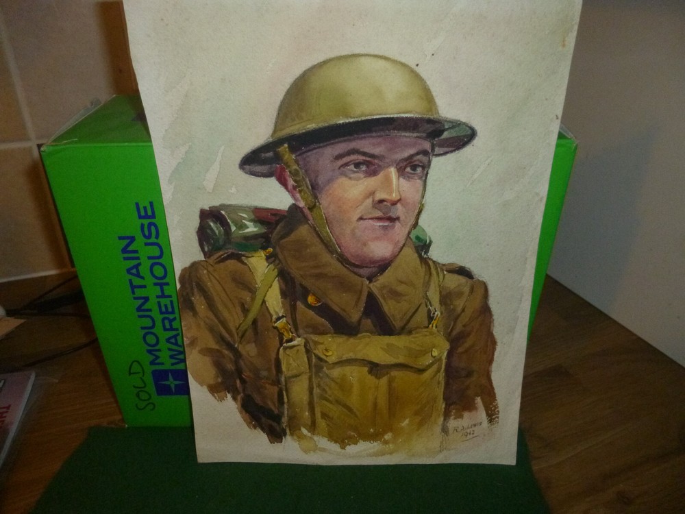 UNIQUE WAR TIME WATERCOLOUR PAINTING OF BRAVE SOLDIER OF TO WAR 1942