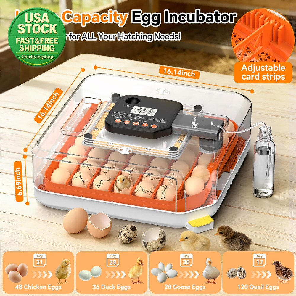 48 Egg Incubator Automatic Turner Digital Temp Humidity Control with Egg Candler