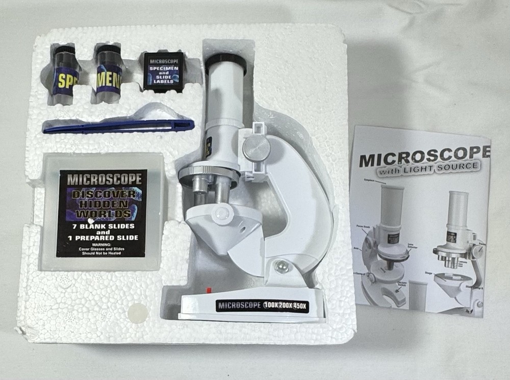 Stem White Microscope Kit W/ Light Source 100, 200, 450 Magnification Complete
