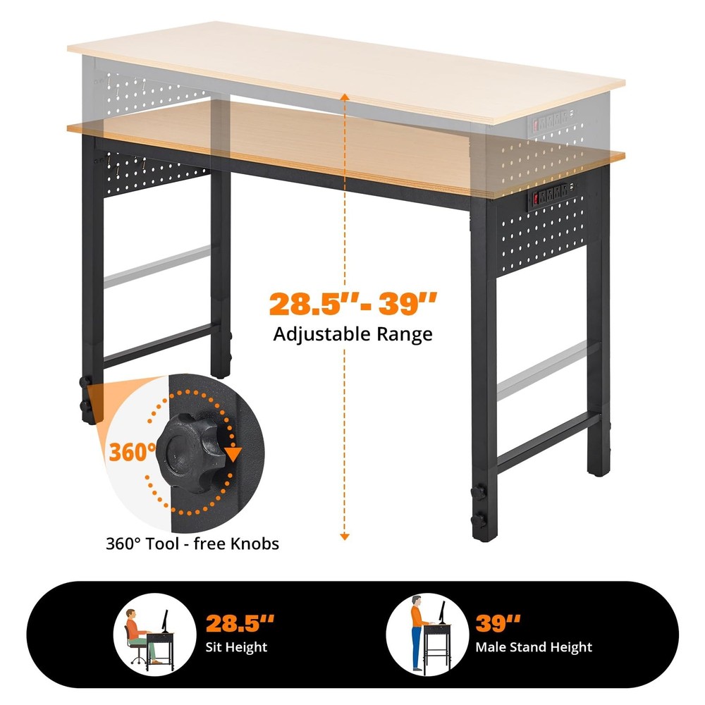Adjustable Height Workbench with Power Outlets 2000LBS Wood Work Table