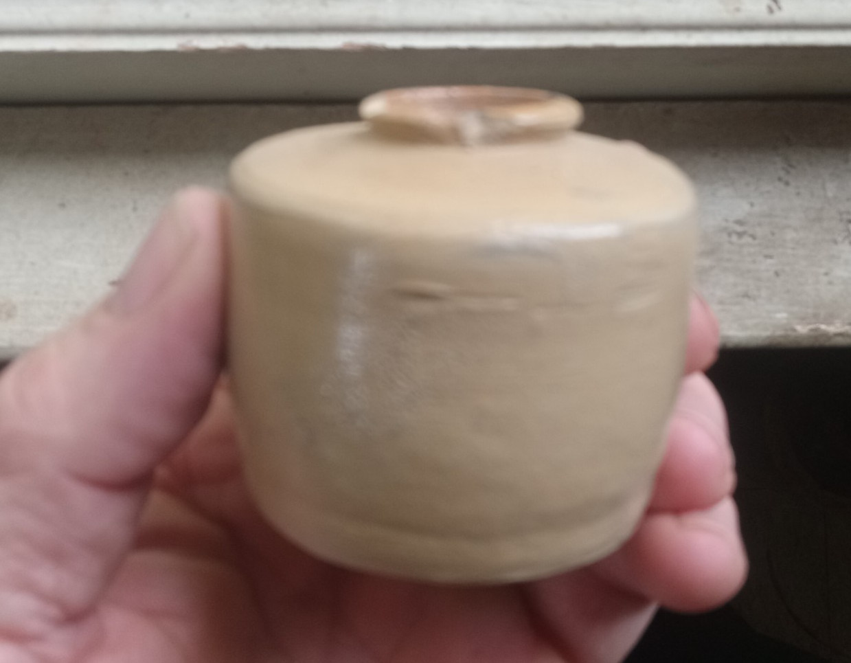 1850s HAND THROWN GLAZED STONEWARE INK BOTTLE DUG IN 1850s OUTHOUSE