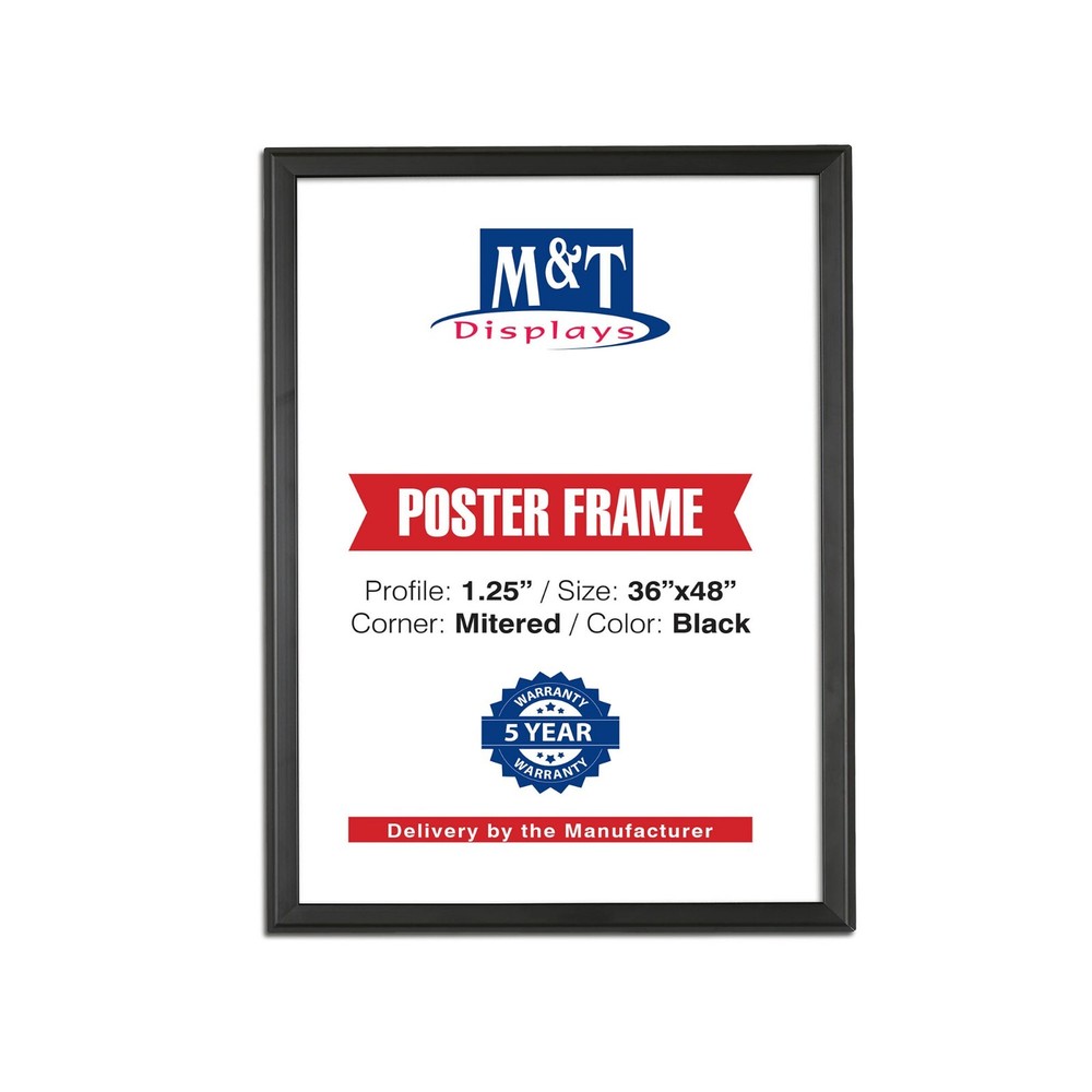 Black Snap Poster Frame 1.25" Aluminum Front Loading Wall Mounting 36x48 Inch