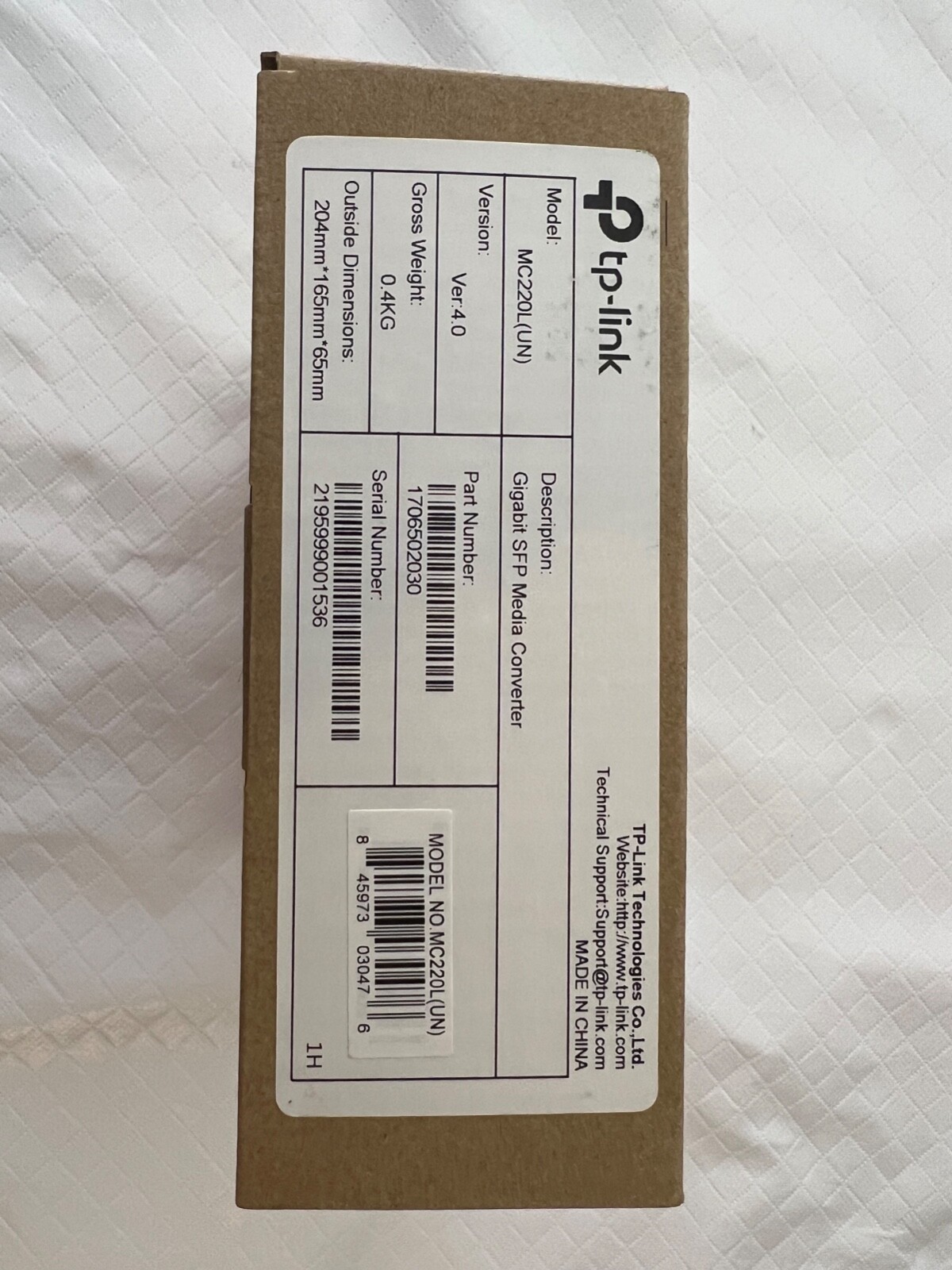 TP-Link MC220L Gigabit SFP Media Converter 250mmx165mmx65mm