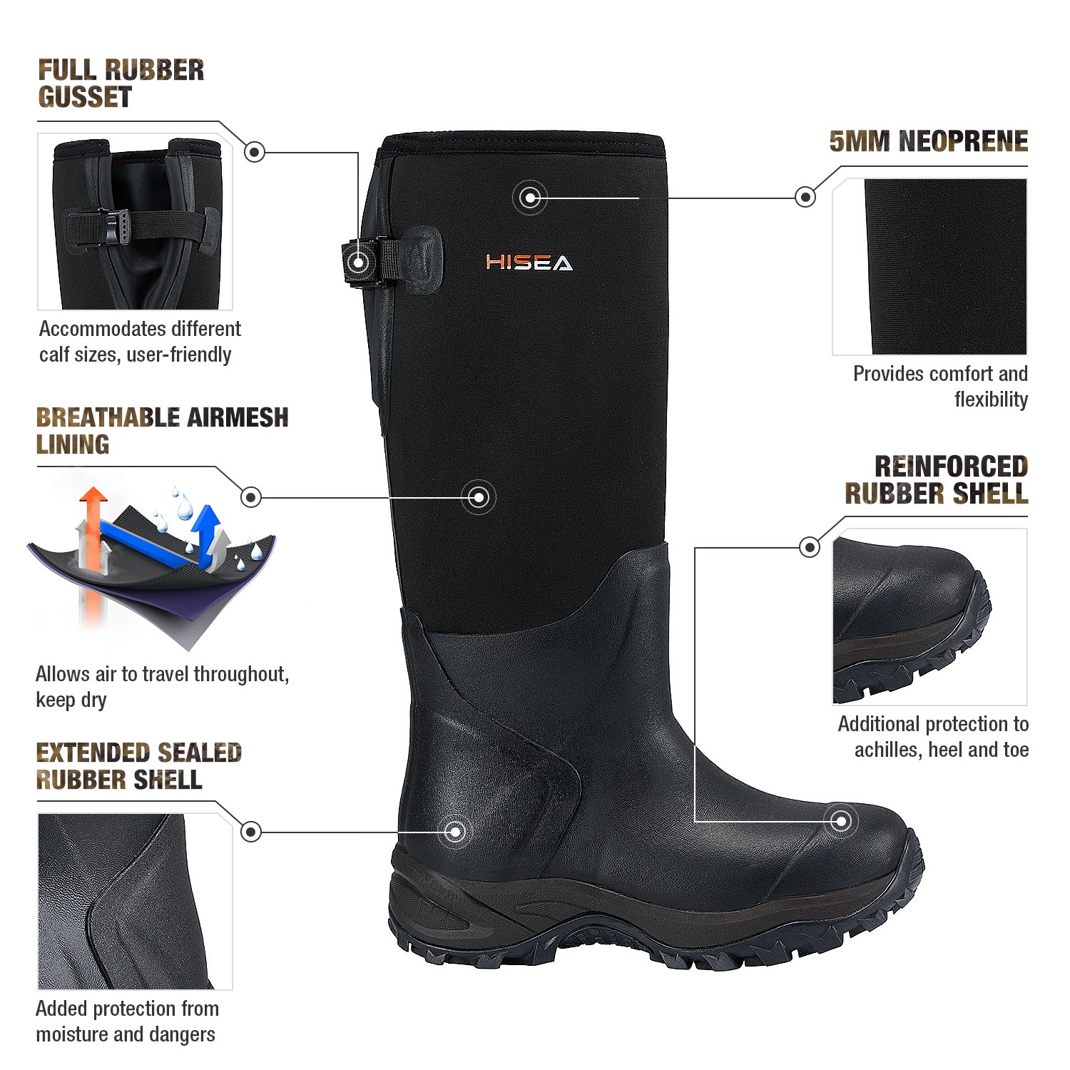 HISEA Men Hunting Boots Adjustable Rain Boot Waterproof Fishing Mud Working Boot