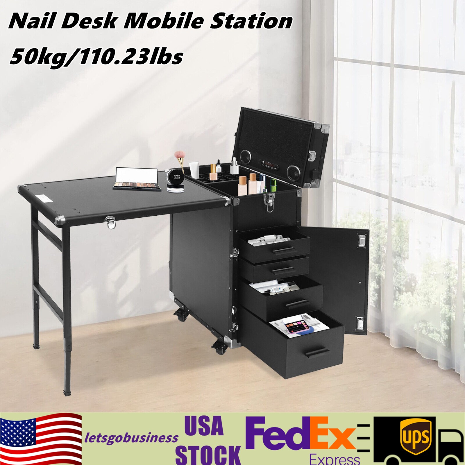 Nail Desk Mobile Station Rolling Makeup Train Case Manicure Table with Speaker