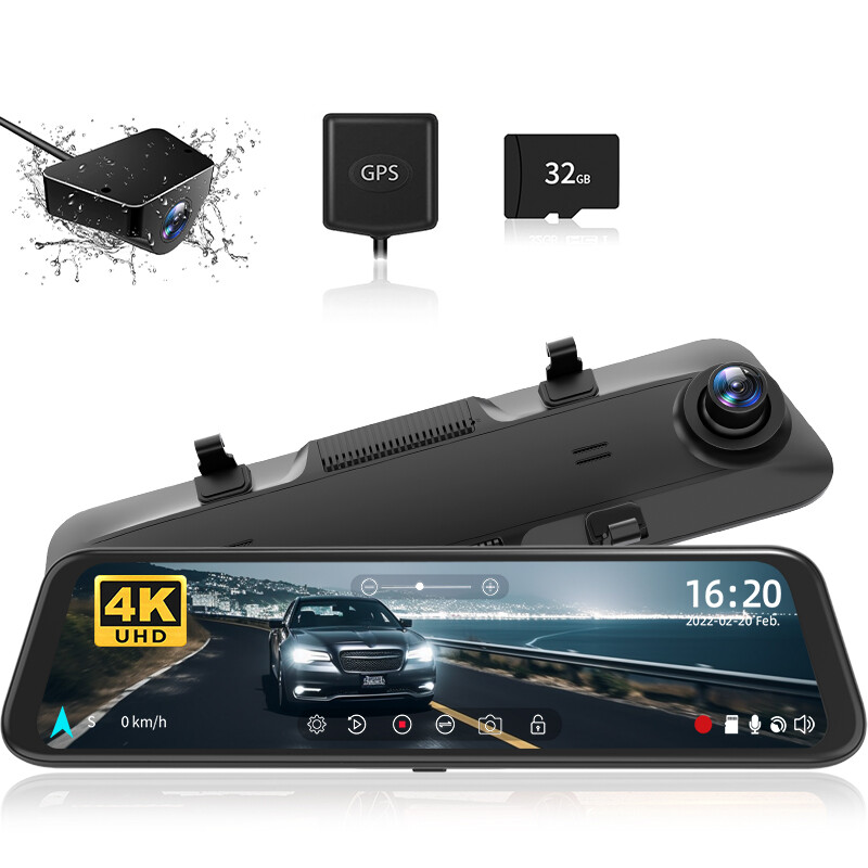 WOLFBOX 4K 12" Dash Cam Mirror GPS Car Rear View Backup Dual Camera Night Vision