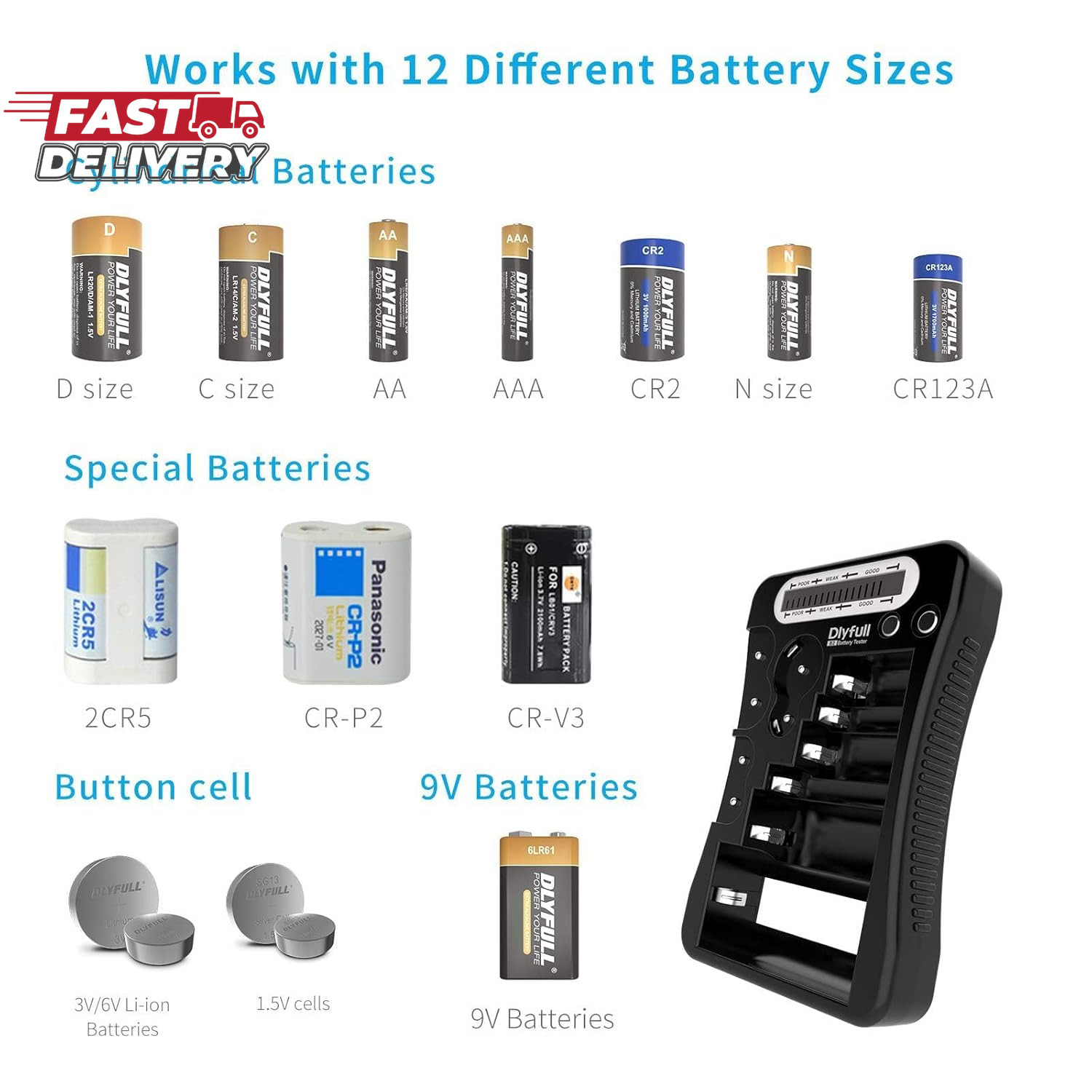 Battery Tester, Dlyfull LCD Display Universal Battery Checker for AA AAA C D 9V