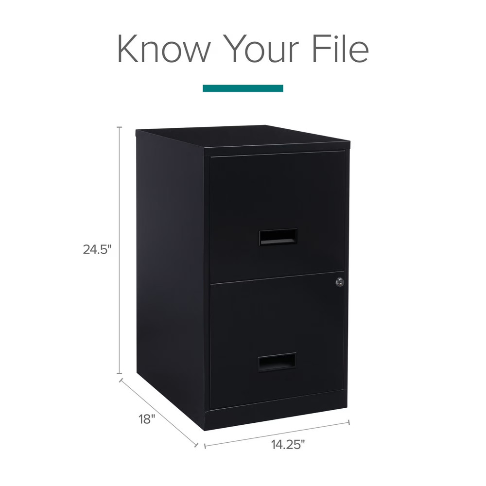 18" Deep 2 Drawer Letter Width Vertical File Cabinet, Secure Locking, Black