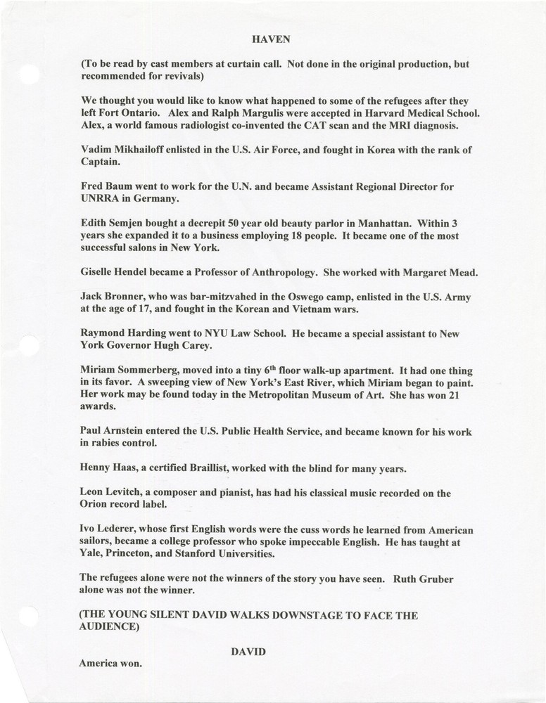 Jerome Coopersmith HAVEN OSWEGO Original script for an unproduced 2015 #170162