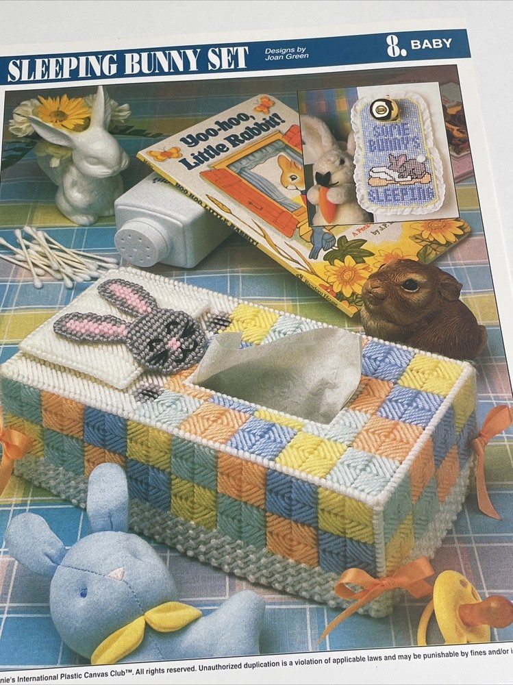 Sleeping Bunny Set Tissue Box & Doorhanger Annie's Attic Plastic Canvas Pattern