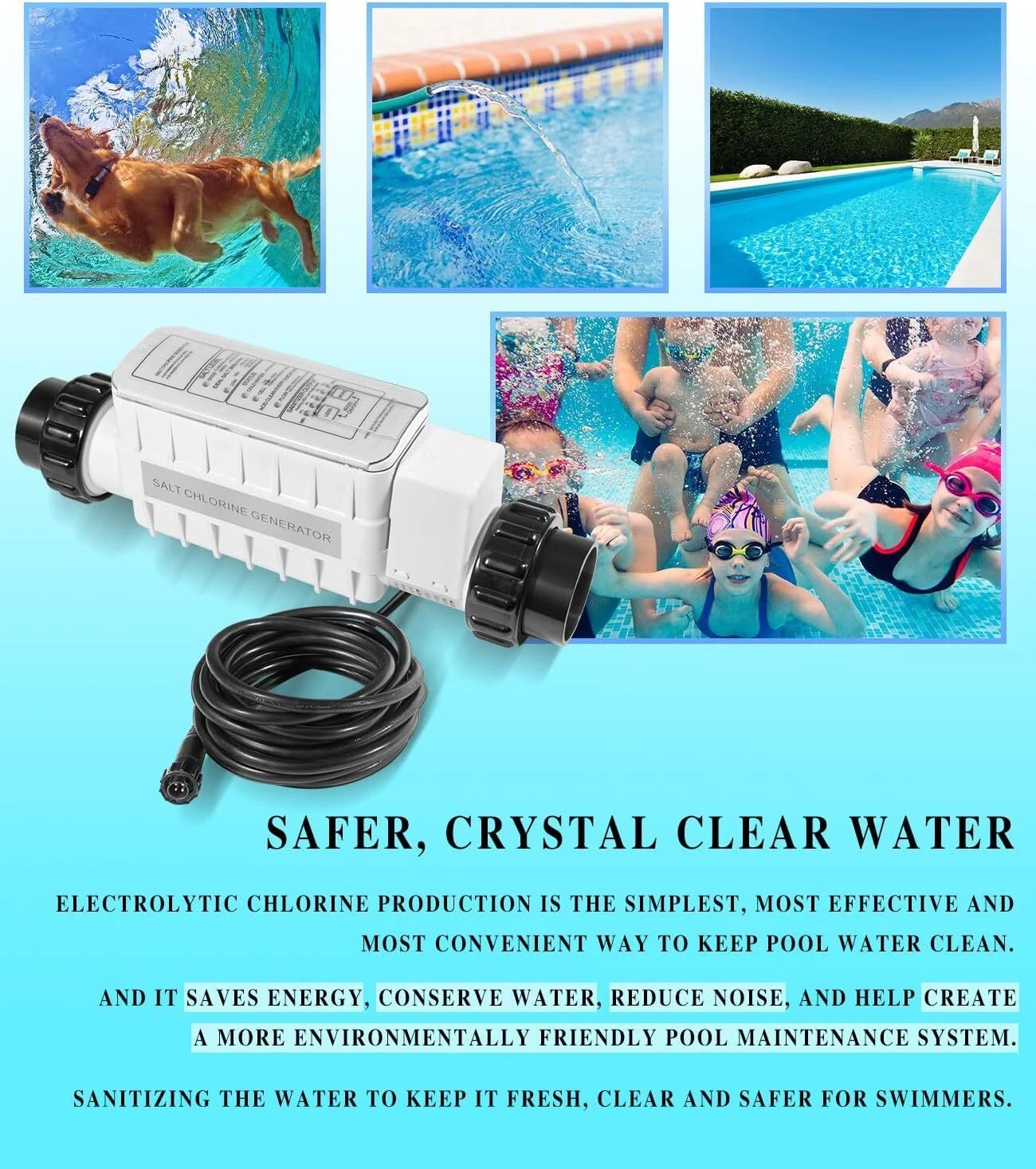 520555 Salt Chlorine Generator Cell 40K Gallon Pool 15ft Cable 2in PVC Unions