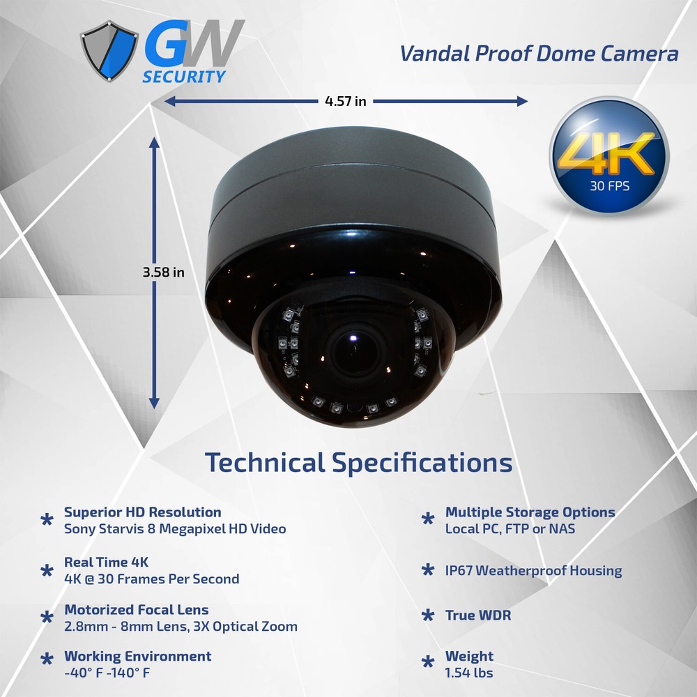 MXStar 4K @ 30FPS Realtime 3X Motorized Zoom Dome Security Camera