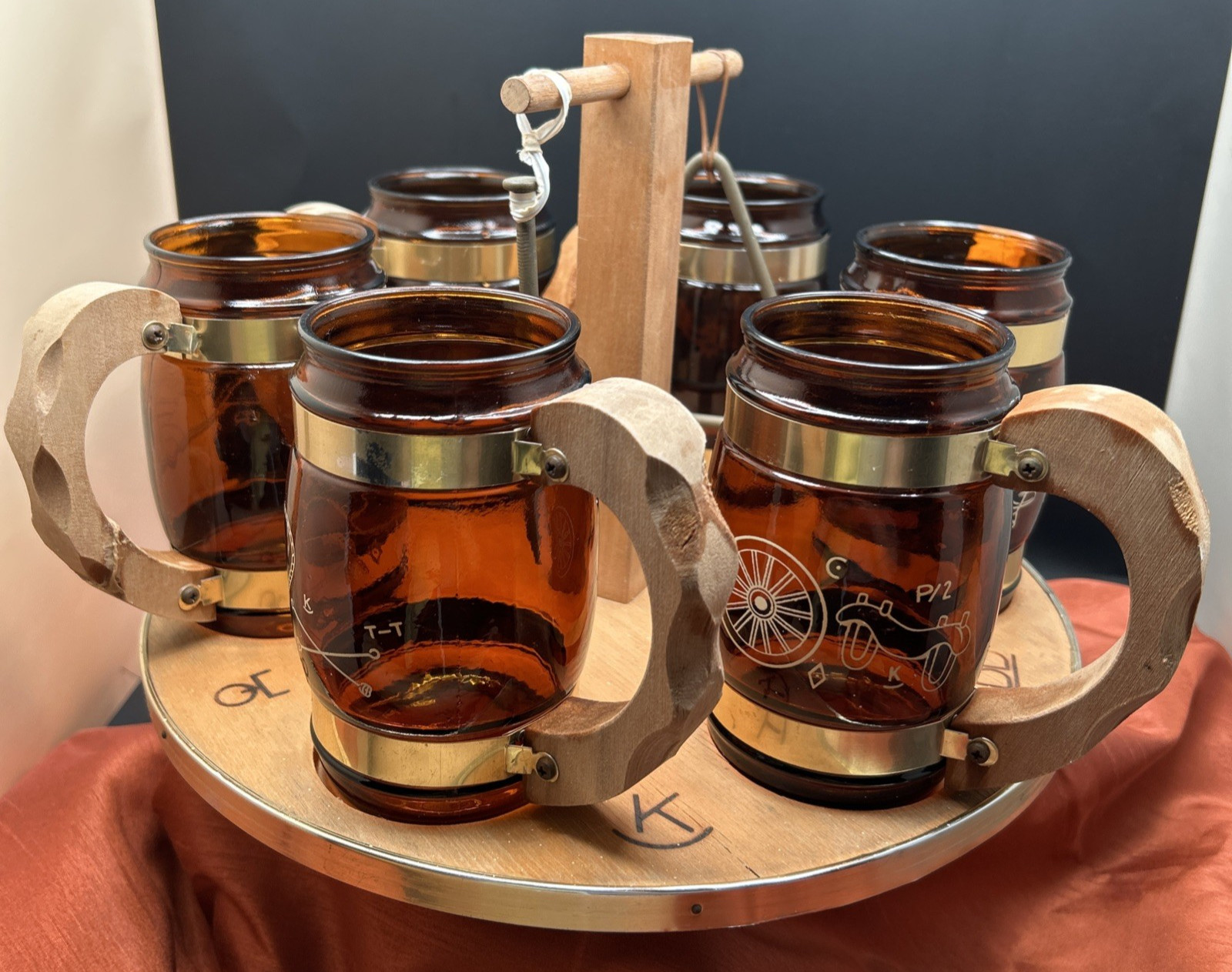 Vintage Siestaware Western / Wagon Wheel Bar Beverage Set with Caddy & Triangle