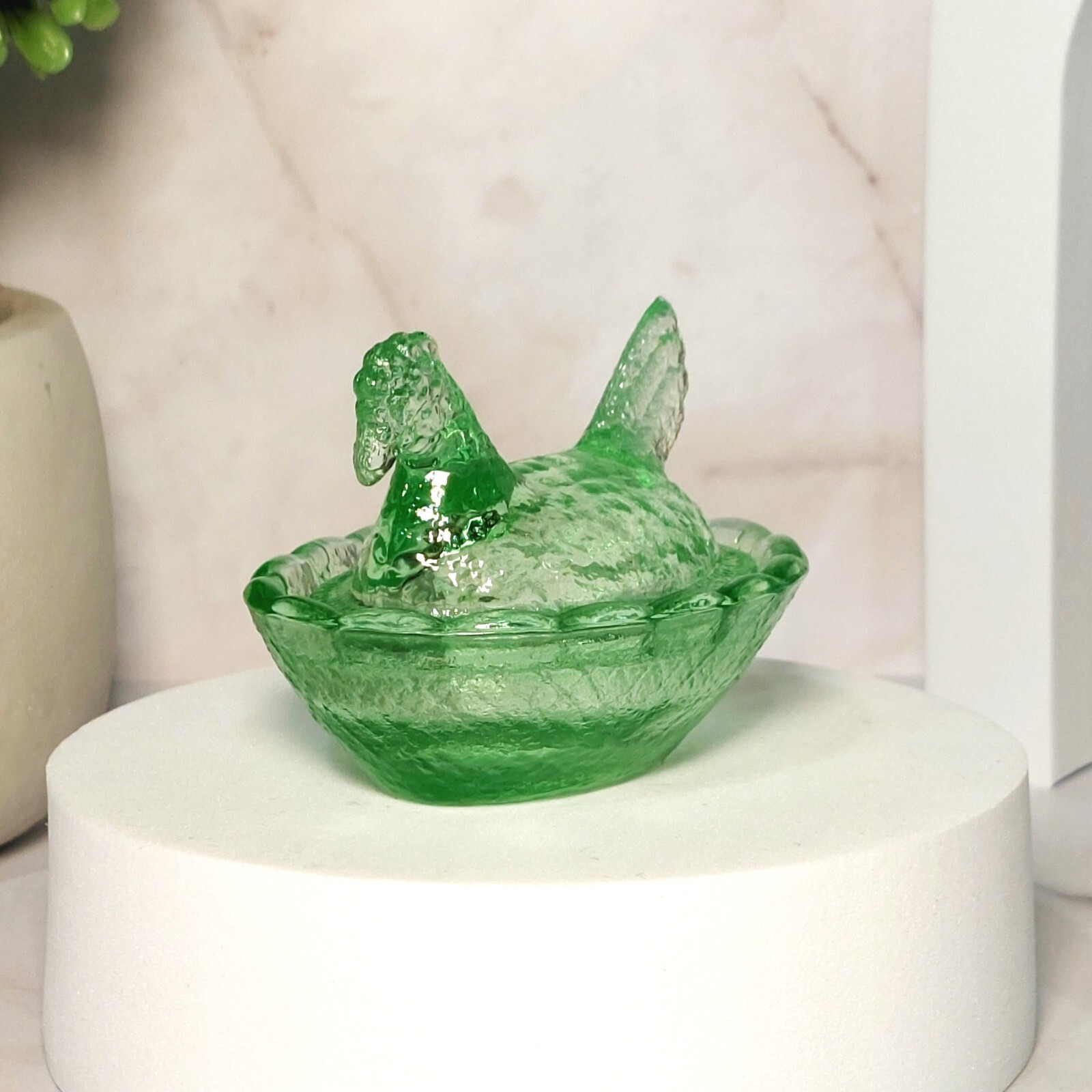 Green Depression Style Glass Mini Hen on Nest Chicken Salt Dish, Vintage Style