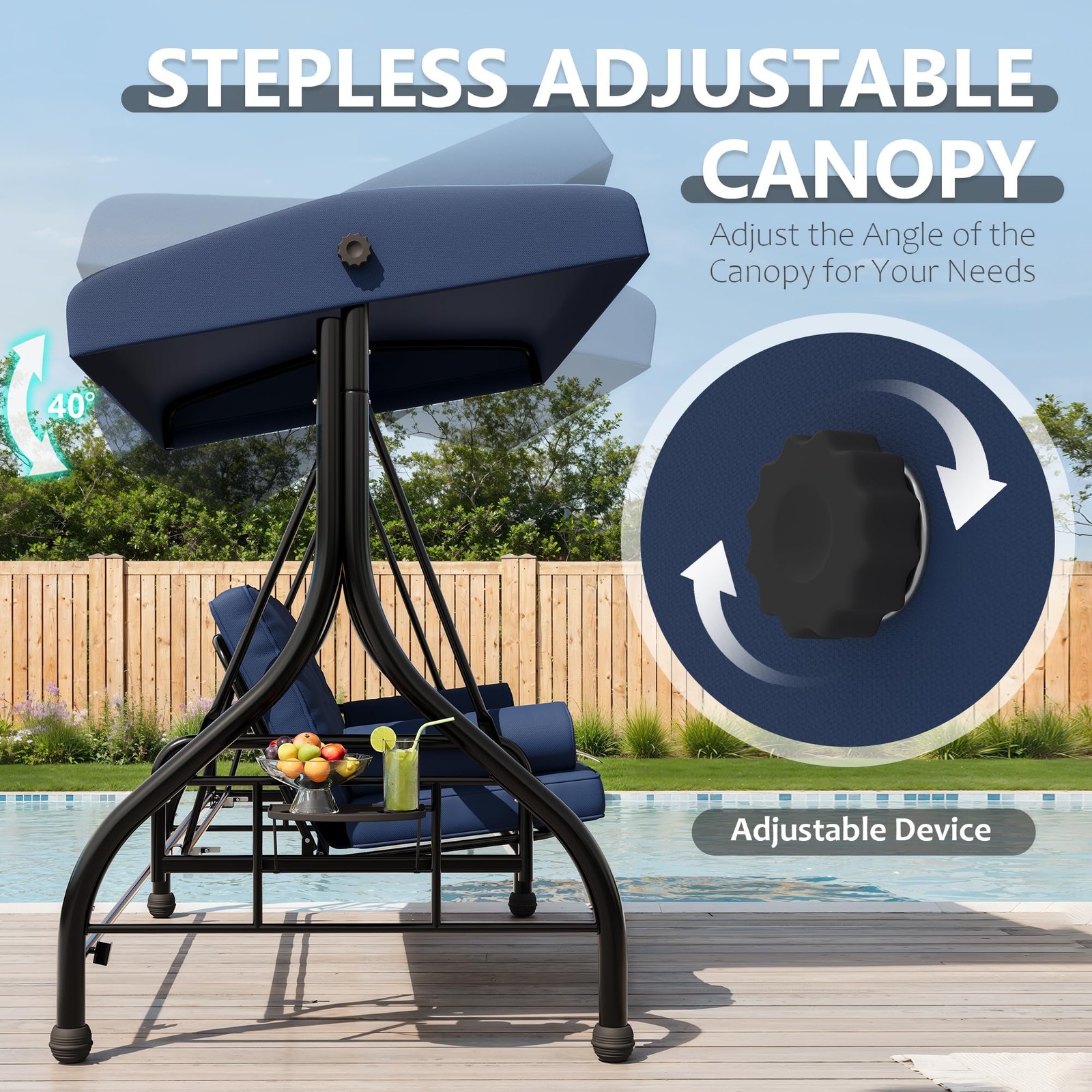 Outdoor Porch Swing with Adjustable Canopy 3-Seat Garden Patio Swing Chair