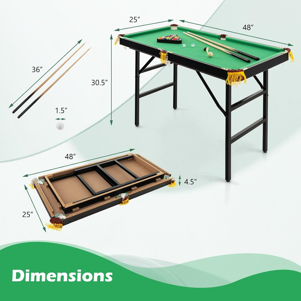 GYMAX Pool Table, 48’’ Foldable Billiard Tables with Balls, 2 Cue Sticks, Chalks