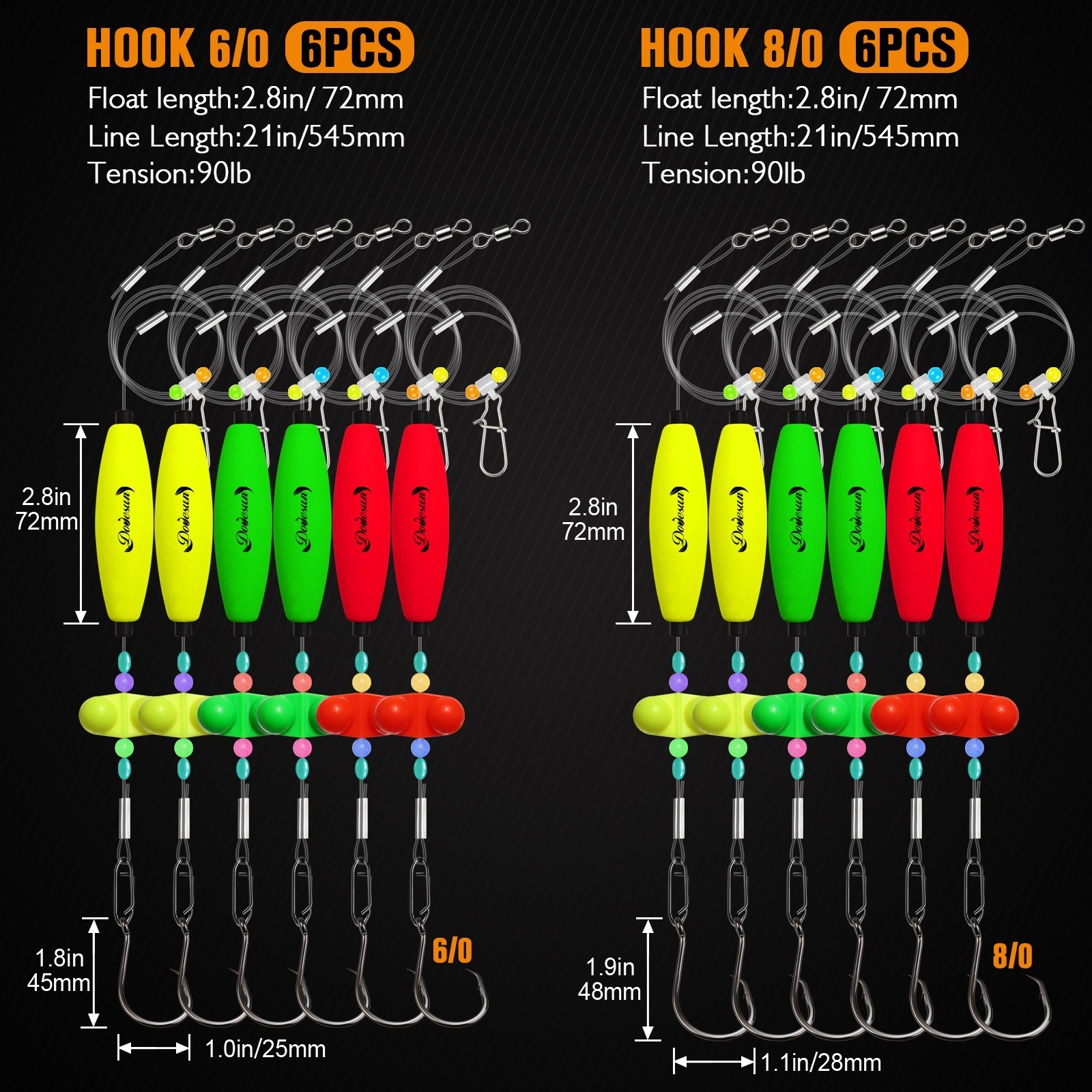 6pcs Newstyle Catfish Rigs - Santee Float Rig 90lb Leader Line and Circle Hooks