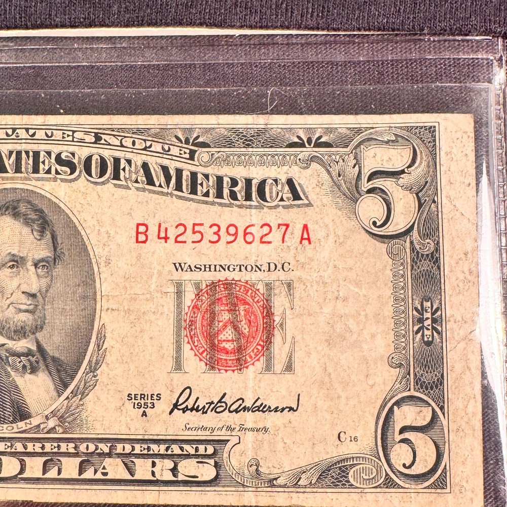 VINTAGE,ERROR MISCUT 1953 Five RED SEAL NOTE