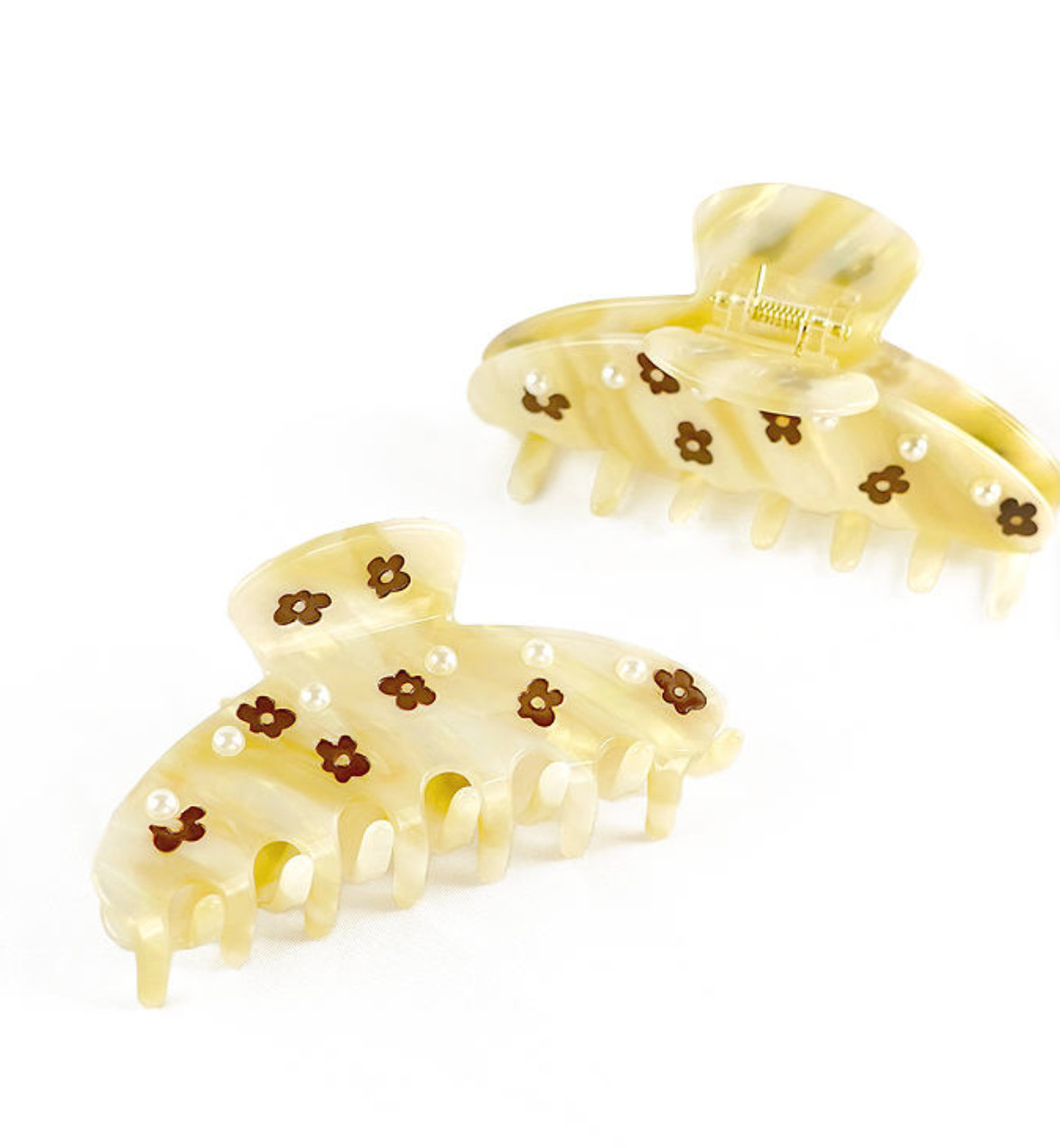 Yellow Half Moon Brown Flower Hair Claw Stick Pearl Elegant Acetate Hair Clip